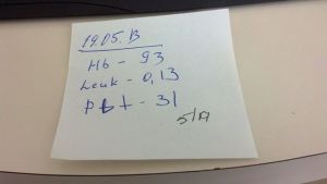 Today's hemoglobin, leukocyte & platelet counts.