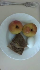 12:00 noon-Snack Two boiled apples, two pieces of tongue, one hard-boiled egg.
